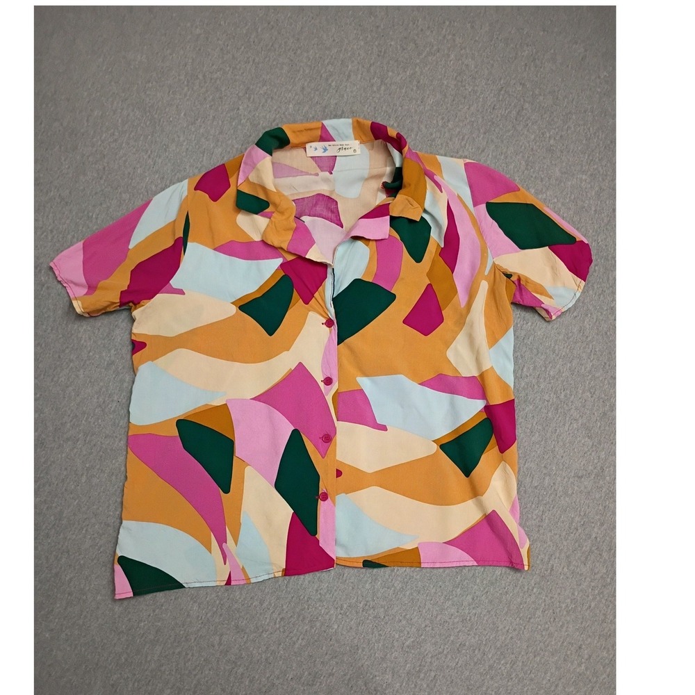Grace Abstract Geometric Print Short Sleeve Rayon Button Down Shirt Pink S